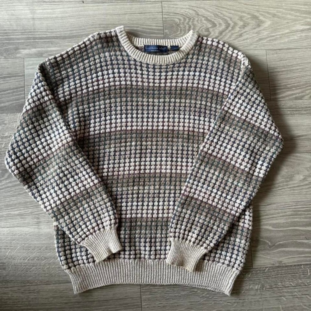 Vintage Striped Sweater Mens Large Tan Chunky Knit Vintage Grandpa - Picture 2 of 4